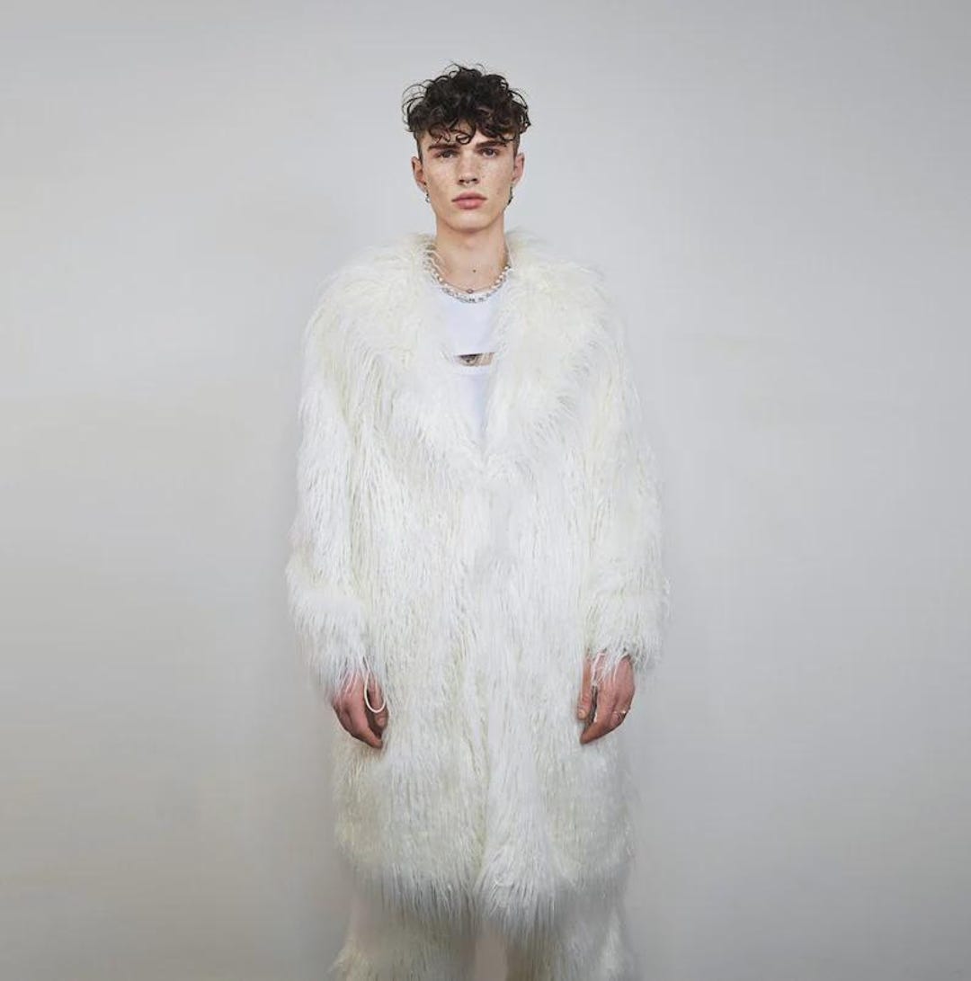 Long Shaggy Festival Coat White Fuzzy Trench Faux Fur Rave Jacket Hairy ...