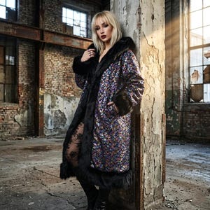 Rainbow Holographic Sequin Coat, Long Black Two sided Jacket, Faux Fur Trim Outerwear, Reversible  Rave Festival Cloak