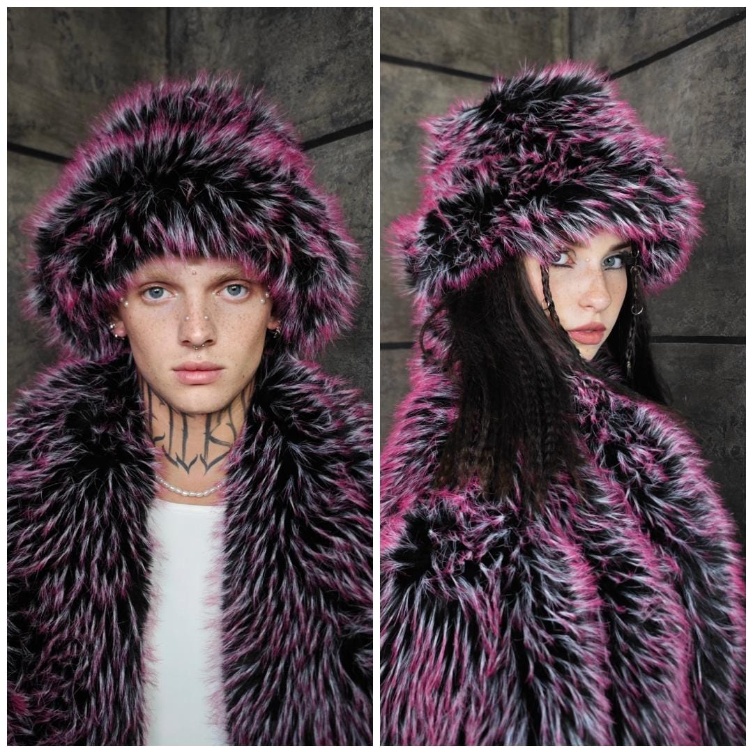 00’s GOSTER DE FUGA fur p coat Y2K punk Luminous Fur Coat Pink Black Two Tone Trench Luxury Going Out