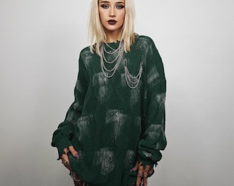 Washed Green Ripped Distressed Sweater, Grunge Textured Knit Jumper, Oversize Abstract Chain Pattern Pullover, Unisex Alt Streetwear