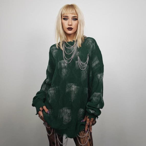 Washed Green Ripped Distressed Sweater, Grunge Textured Knit