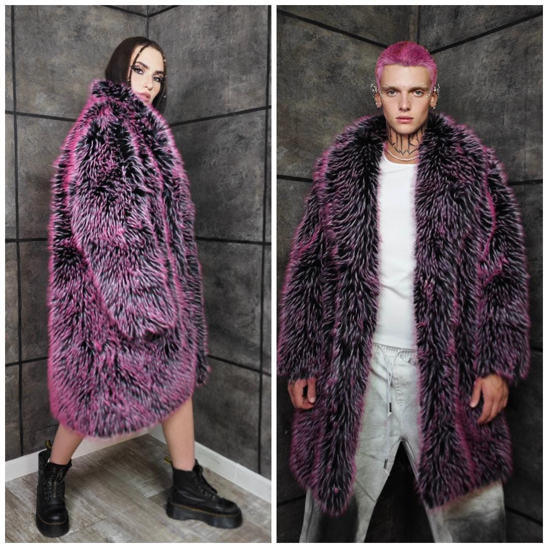 Luminous Fur Coat Pink Black Two Tone Trench Luxury Going Out