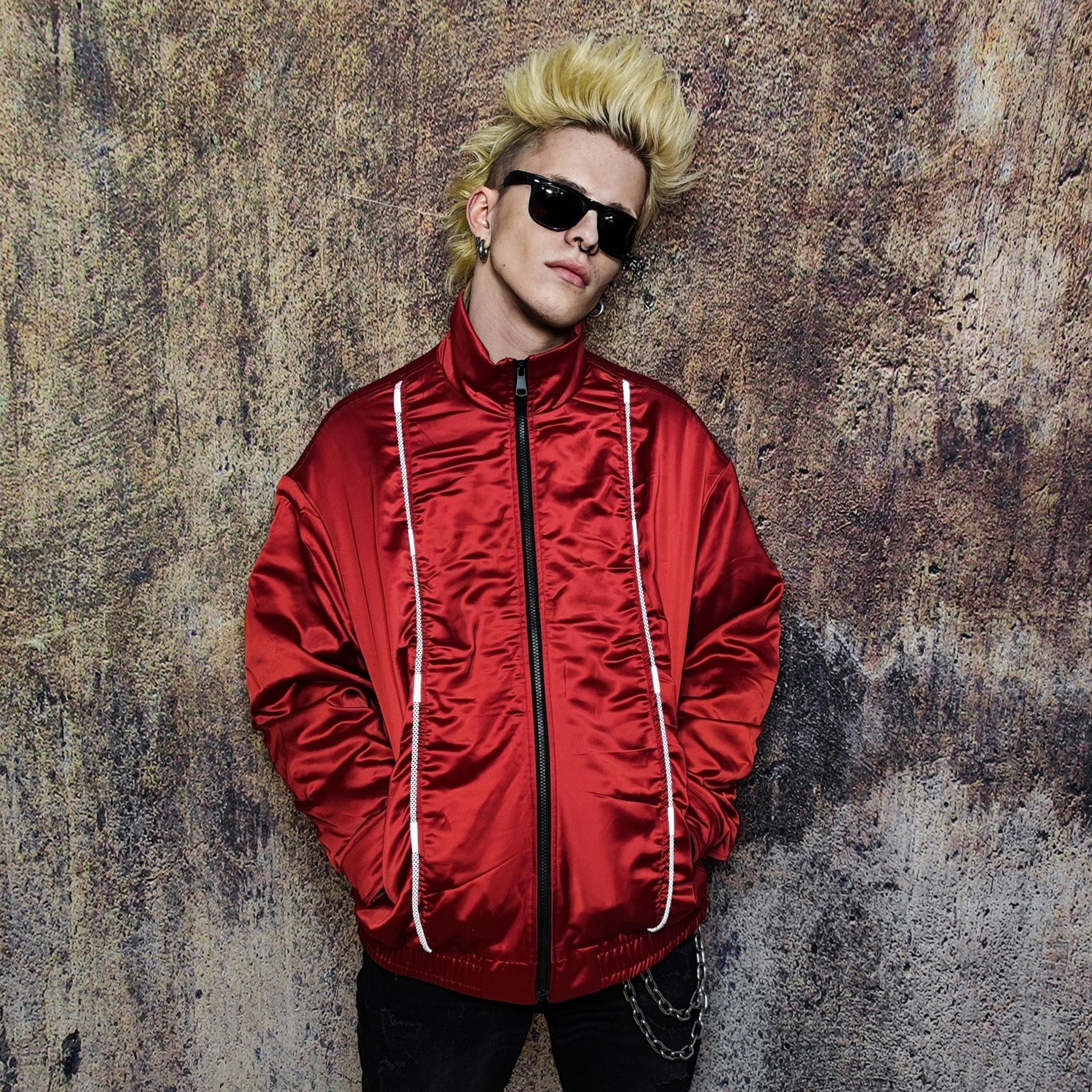 Red Reflective Bomber Jacket, Oversize Utility Varsity, Unisex Y2K