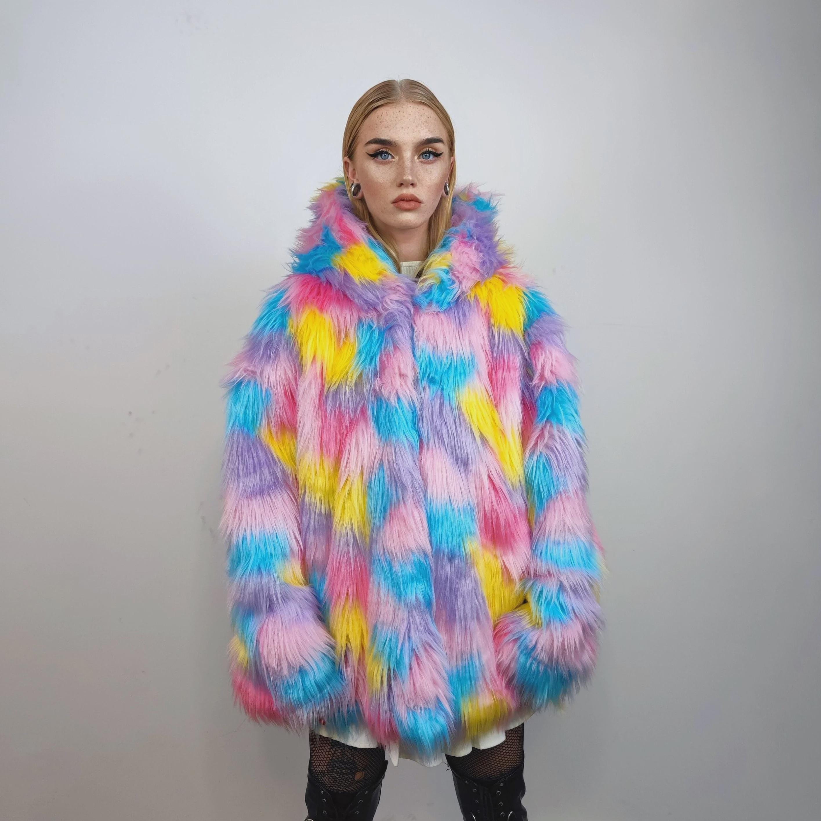 Unicorn Faux Fur Hooded Jacket Pink, Marshmallow Raver Bomber
