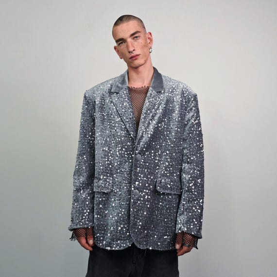 sequin dress jacket Silver Sequin Blazer Glitter Embellished Bomber Metallic Tuxedo Going Out  Jacket Iridescent Party Bomber Luminous Fancy Frock