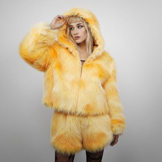 Yellow Gradient Faux Fur Hoodie, Tie Dye Festival Jacket, Bright