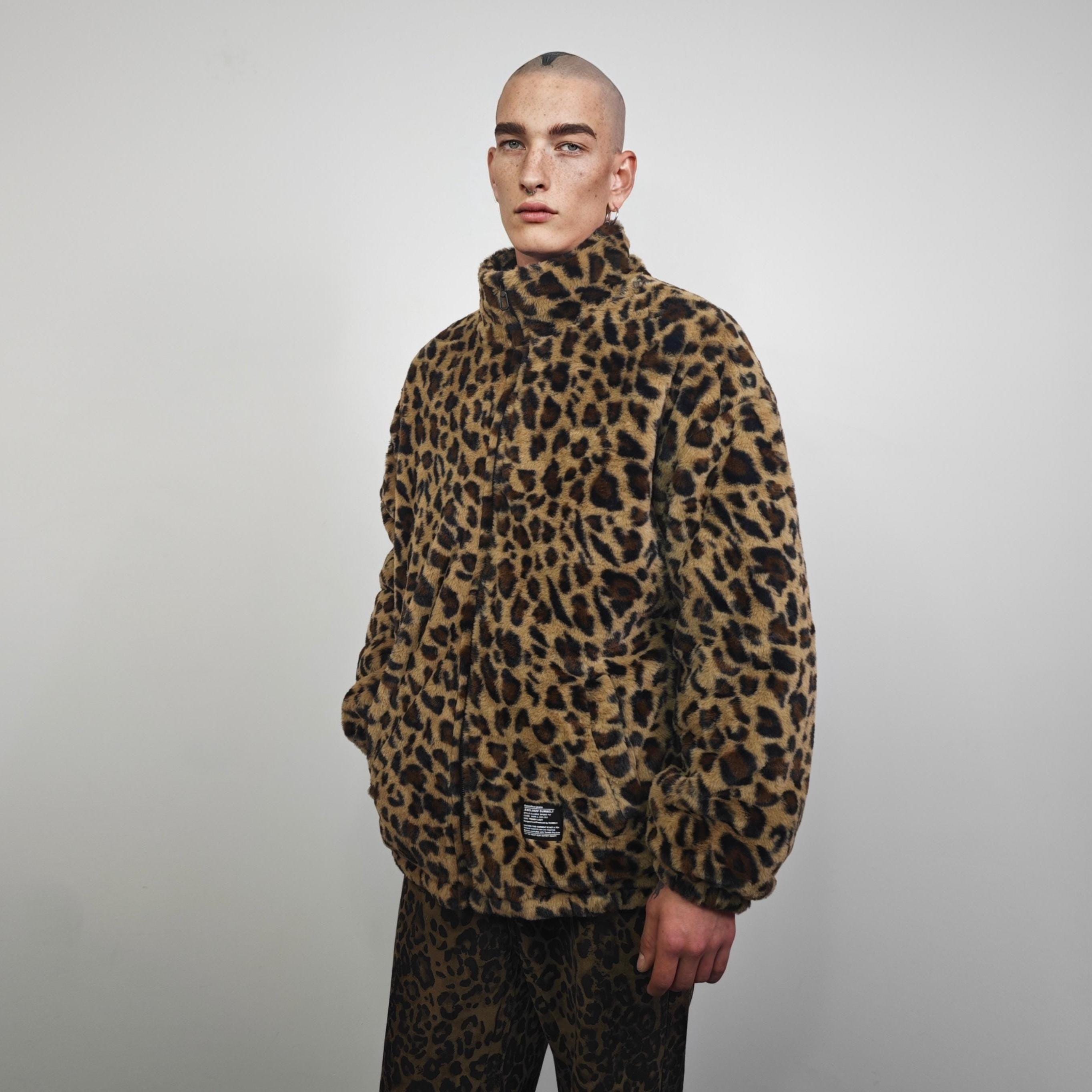Brown Leopard Fleece Jacket, Zip up Animal Print Coat, Unisex
