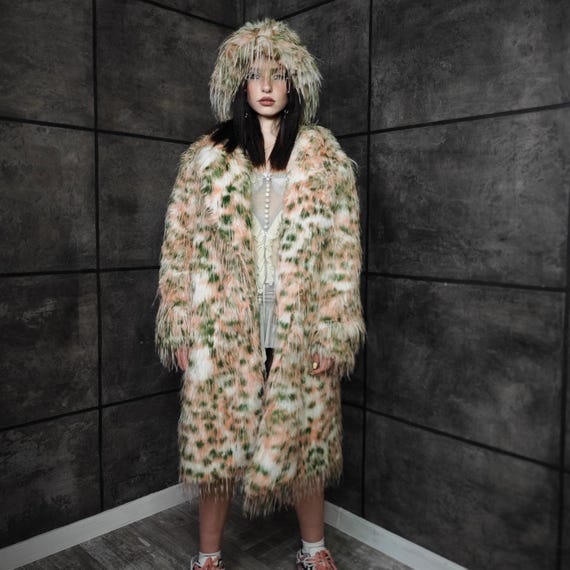 Shaggy Leopard Faux Fur Coat Green Pink Extravagant Fluffy Animal