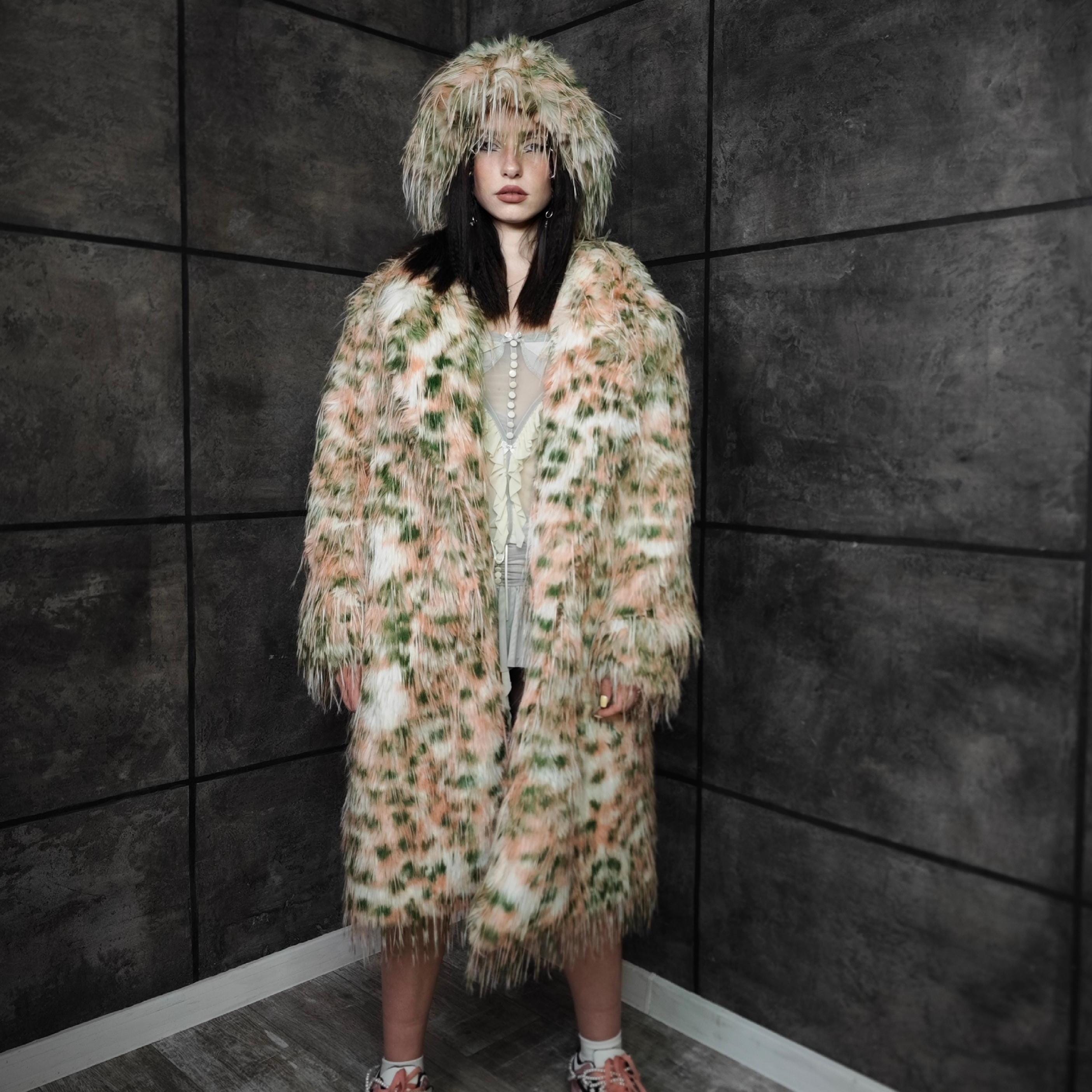 Shaggy Leopard Faux Fur Coat Green Pink Extravagant Fluffy Animal