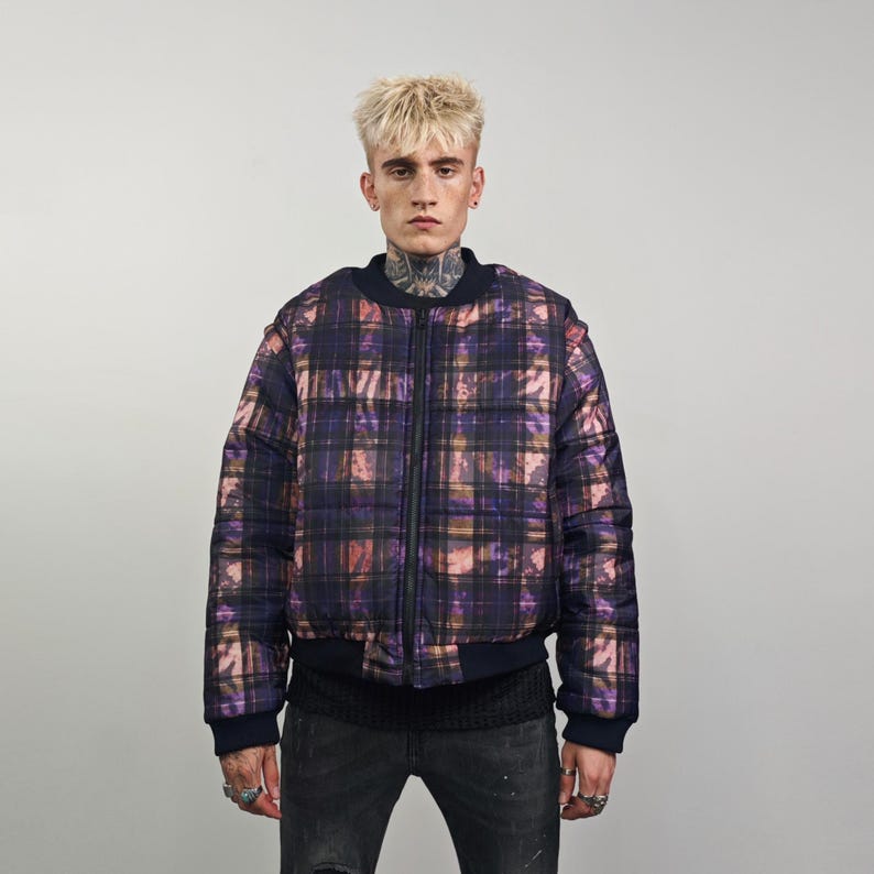 Tie-dye Check Bomber Green Brat Jacket Raver Reversible College Varsity ...