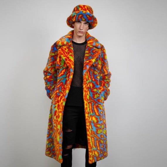 Neon Leopard Faux Fur Trench Coat, Long Orange Rave Duster, Unisex