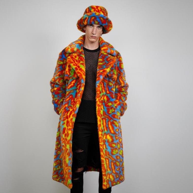 Neon Leopard Faux Fur Trench Coat, Long Orange Rave Duster, Unisex