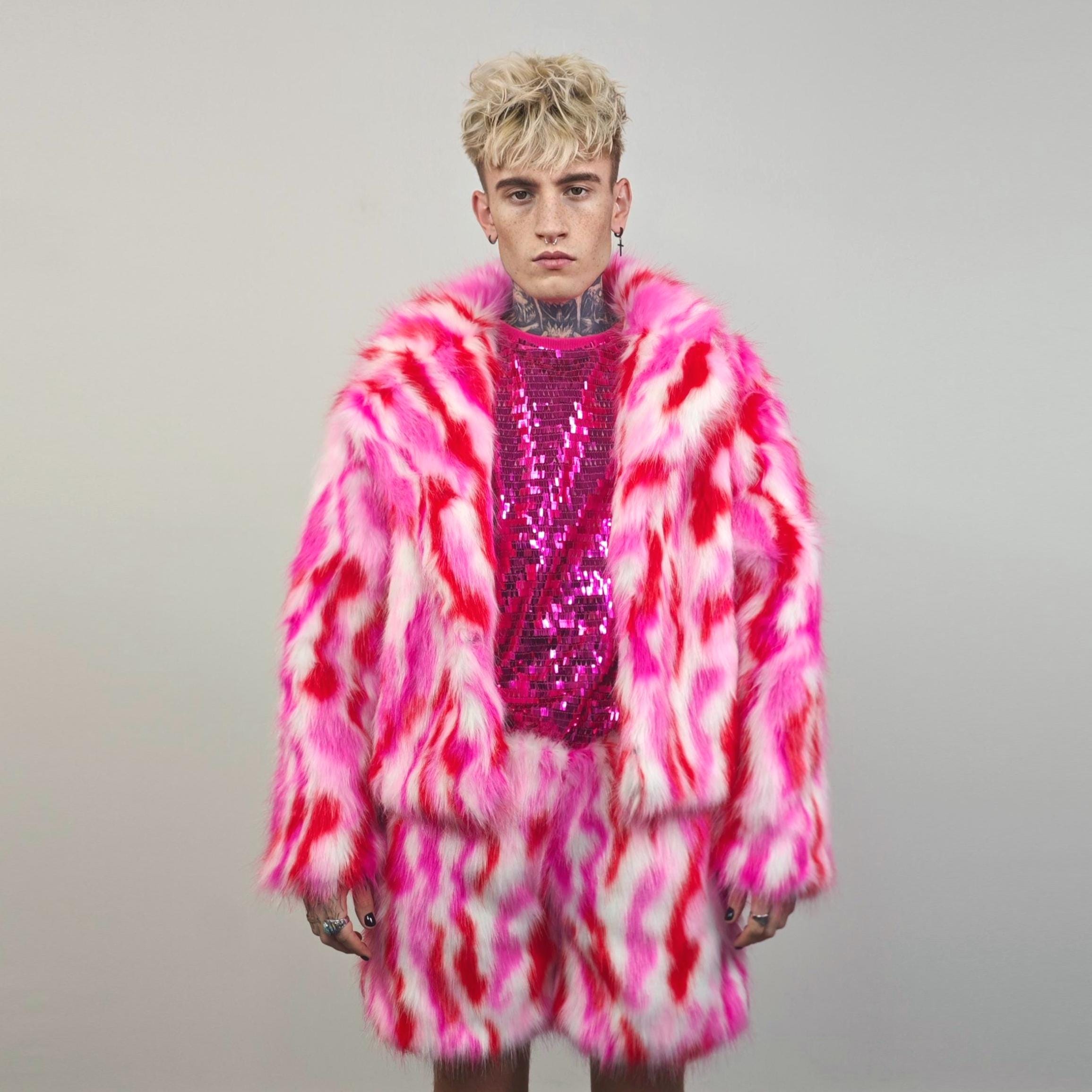 Red Pink Faux Fur Cropped Coat Striped Trench Short Burner