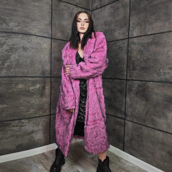 Pink Faux Fur Coat, Oil Wash 90s Trench Burner Rave Bomber, Fluffy