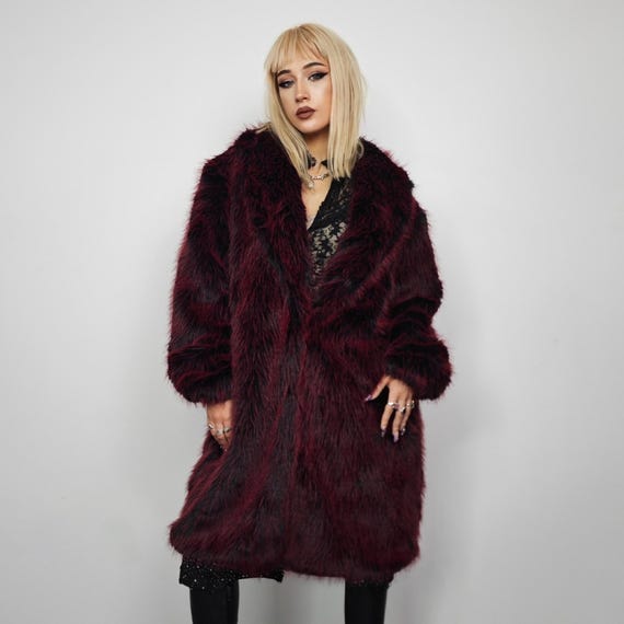 Luminous Dark Red Faux Fur Coat Shaggy Oversize Trench Unisex