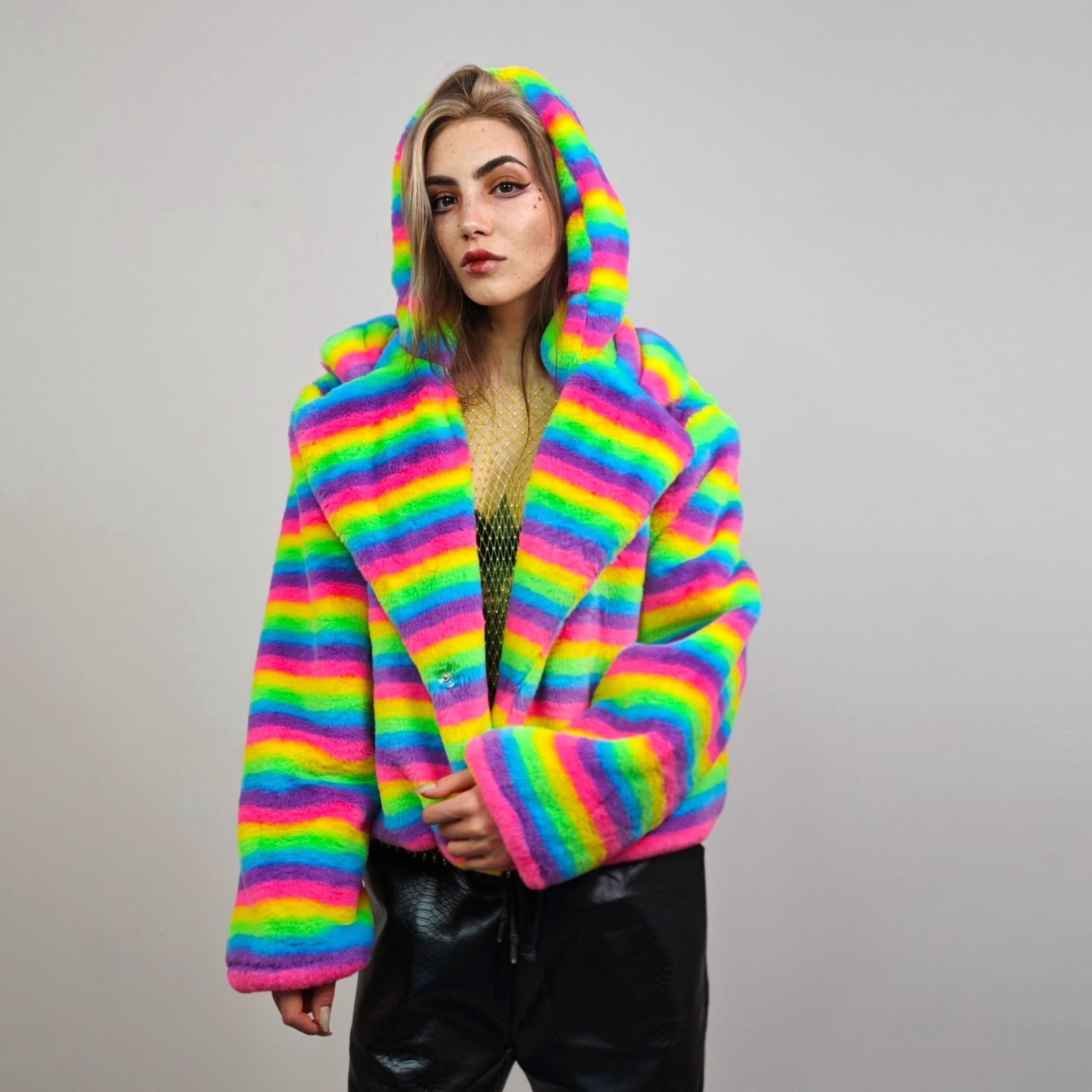Rainbow Hooded Coat Unicorn Fleece Striped Gay Jacket Short LGBT