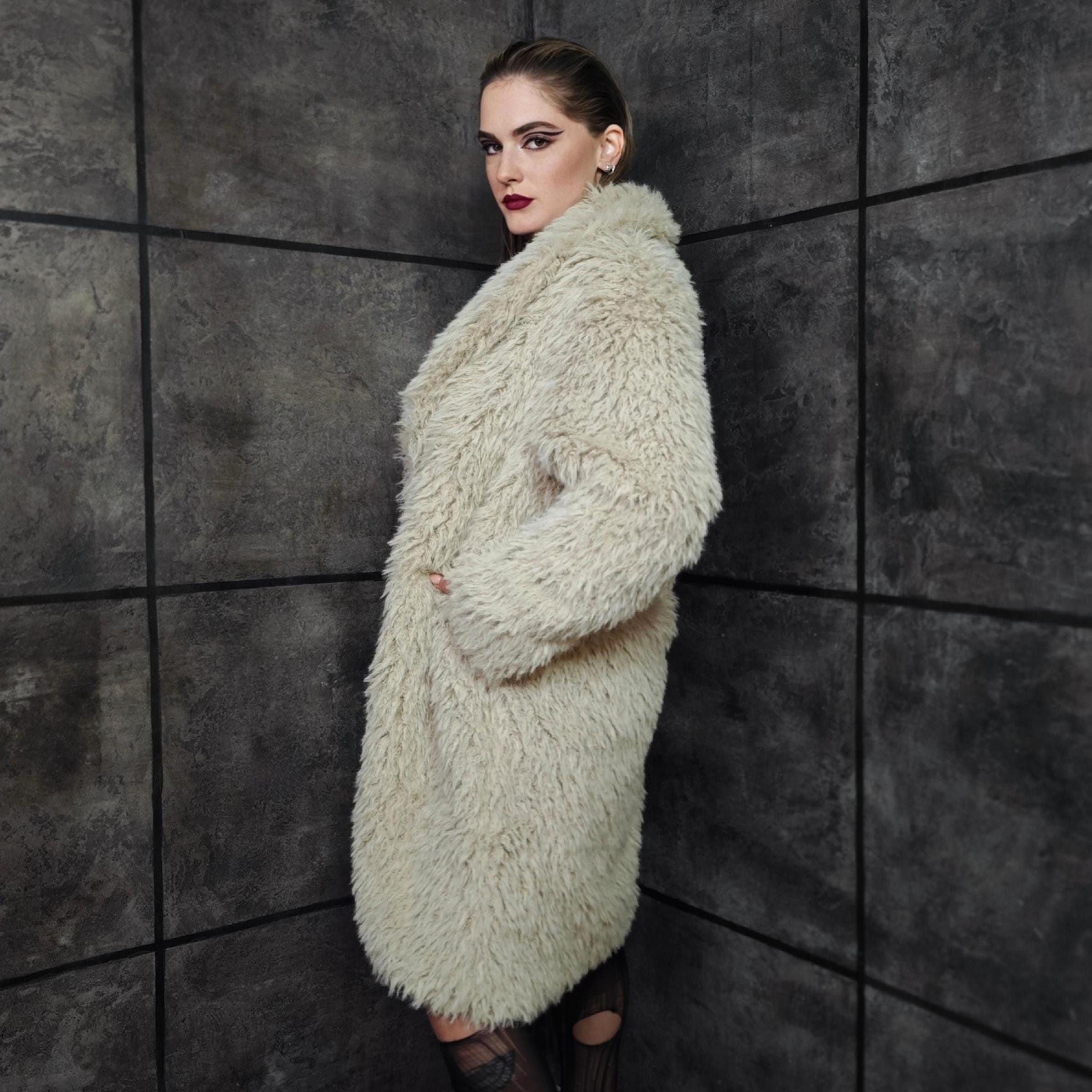 Monster Fur Coat Cream Unisex Long Pile Trench Shaggy Jacket