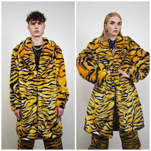 Bengal Tiger Long Coat Faux Fur Trench Animal Pattern Jacket 00s Safari