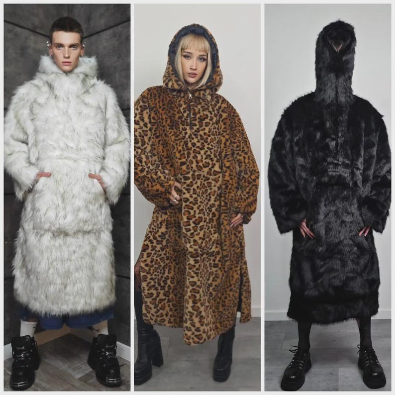 May include: Three full-length faux fur coats. One is white, one is leopard print, and the third is black. Each coat has a hood and pockets. The models are wearing boots.