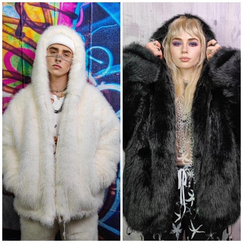 May include: Two images side-by-side. The left image shows a person wearing a white faux fur hooded coat and matching pants. The right image shows a person wearing a black faux fur hooded coat. Both coats have a plush, textured appearance.