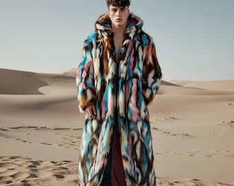 Psychedelic Faux Fur Coat, Floor-Length Hooded Rave Jacket in Blue Chevron Pattern – Custom Made Statement Outerwear
