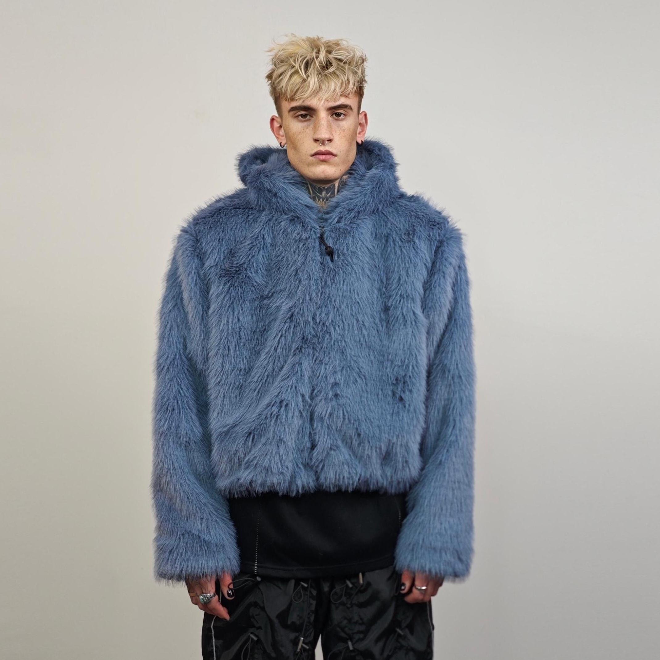 Blue Faux Fur Jacket Shaggy Cropped Bomber Short Going Out Coat