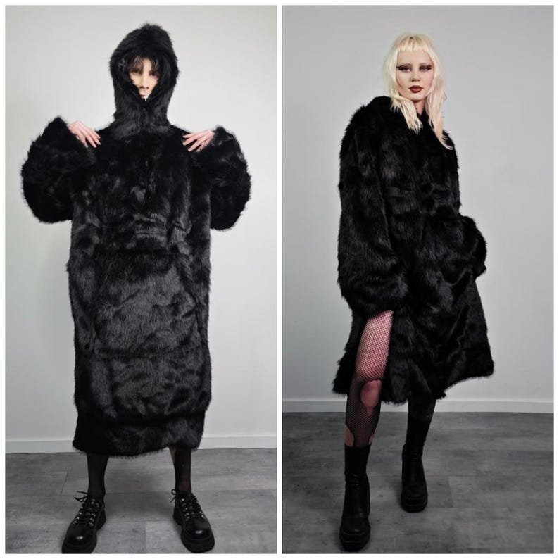 Extreme black faux fur coat long fluffy half zip Gothic overcoat hooded crazy wide jacket fuzzy Burning man festival trench rave fleece
