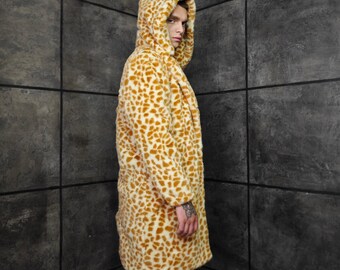 Psychedelic Giraffe Orange Faux Fur Trench Coat, Long Festival