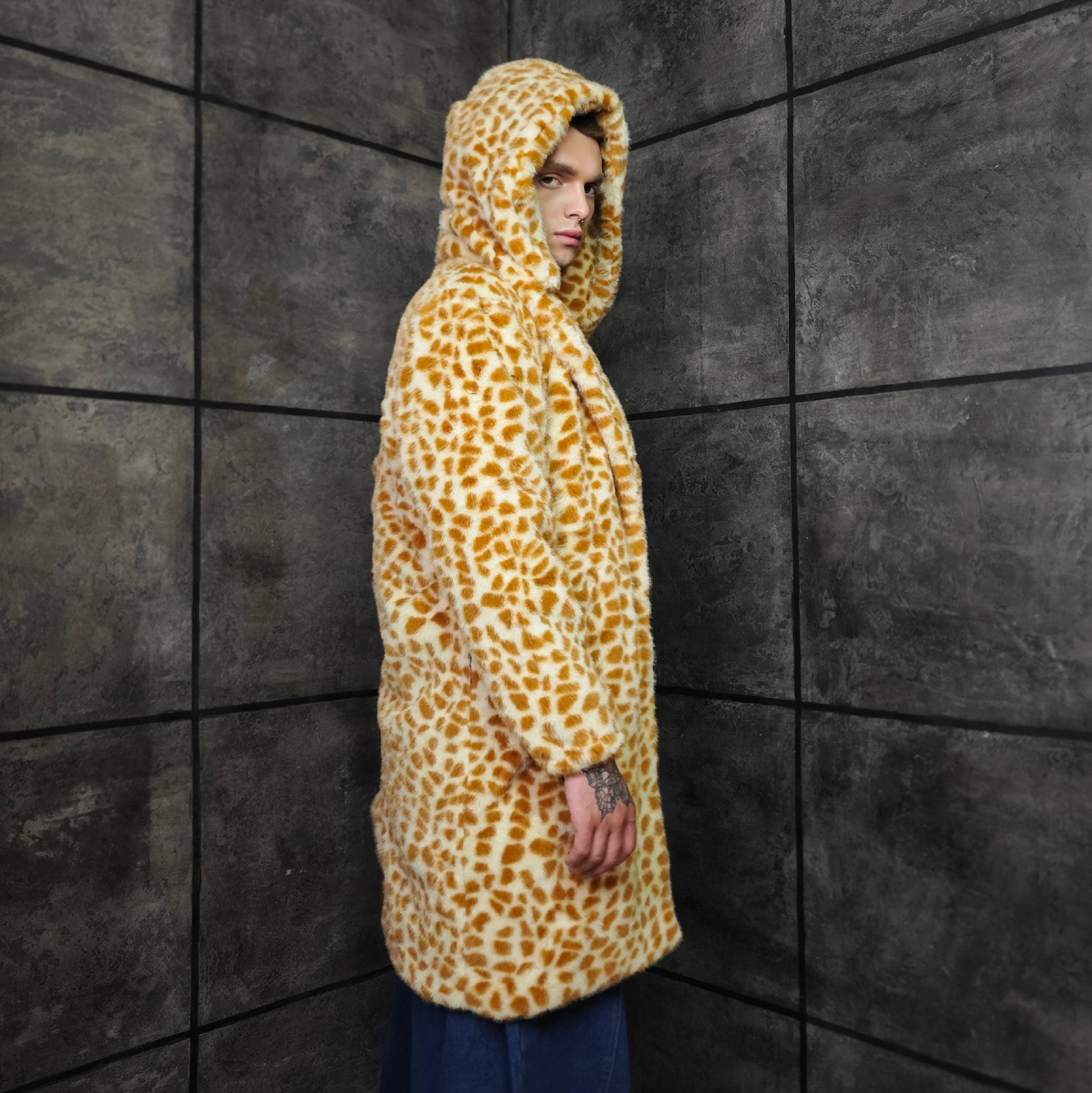 Psychedelic Giraffe Orange Faux Fur Trench Coat, Long Festival