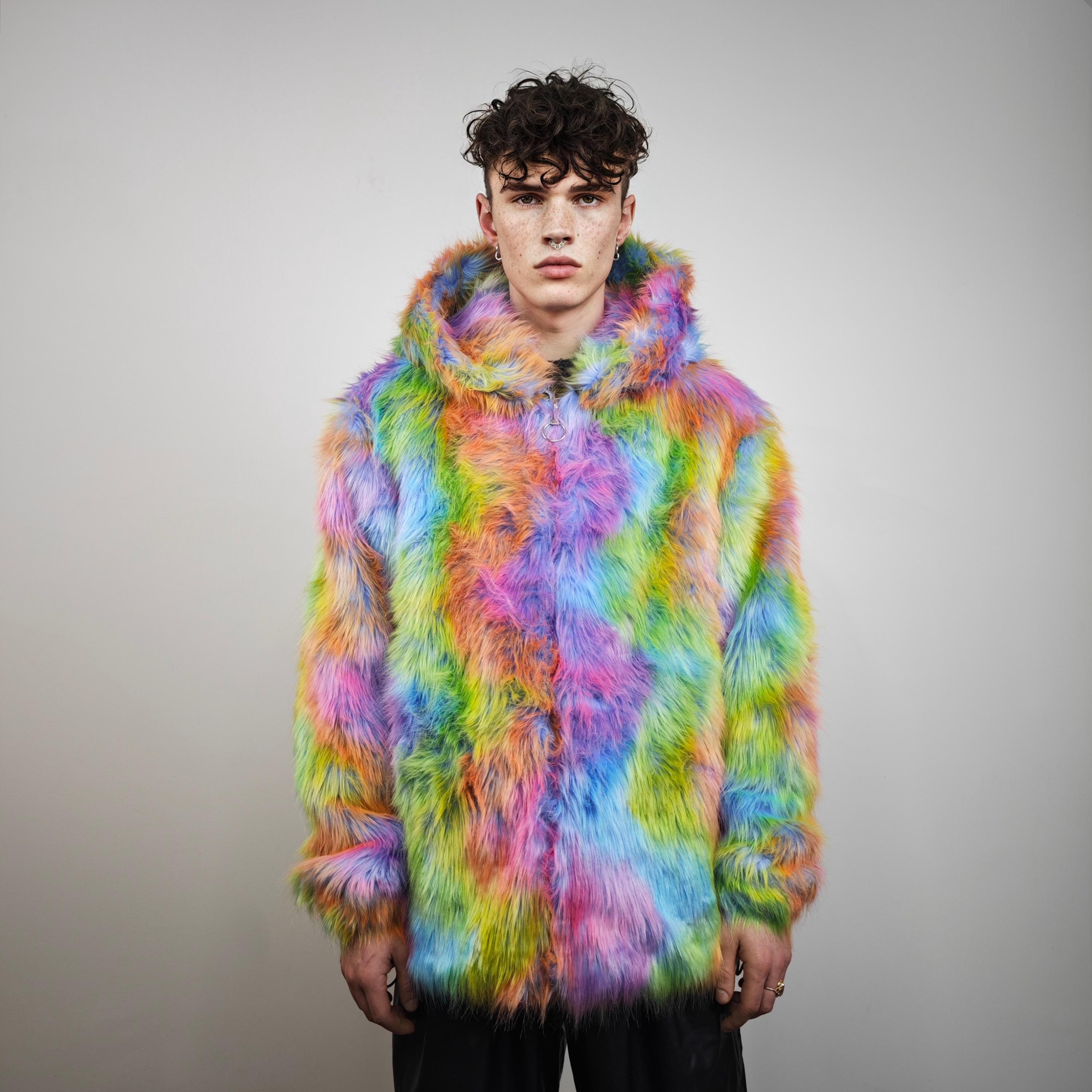 Rainbow Tie-dye Faux Fur Hooded Jacket, Shaggy Psychedelic