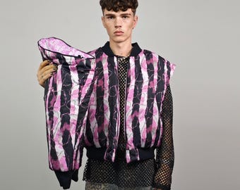 Pink Snake Bomber Python Print Jacket Raver Reversible College