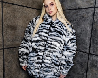 Tiger Faux Fur Jacket White Fluffy Animal Print Bomber Festival