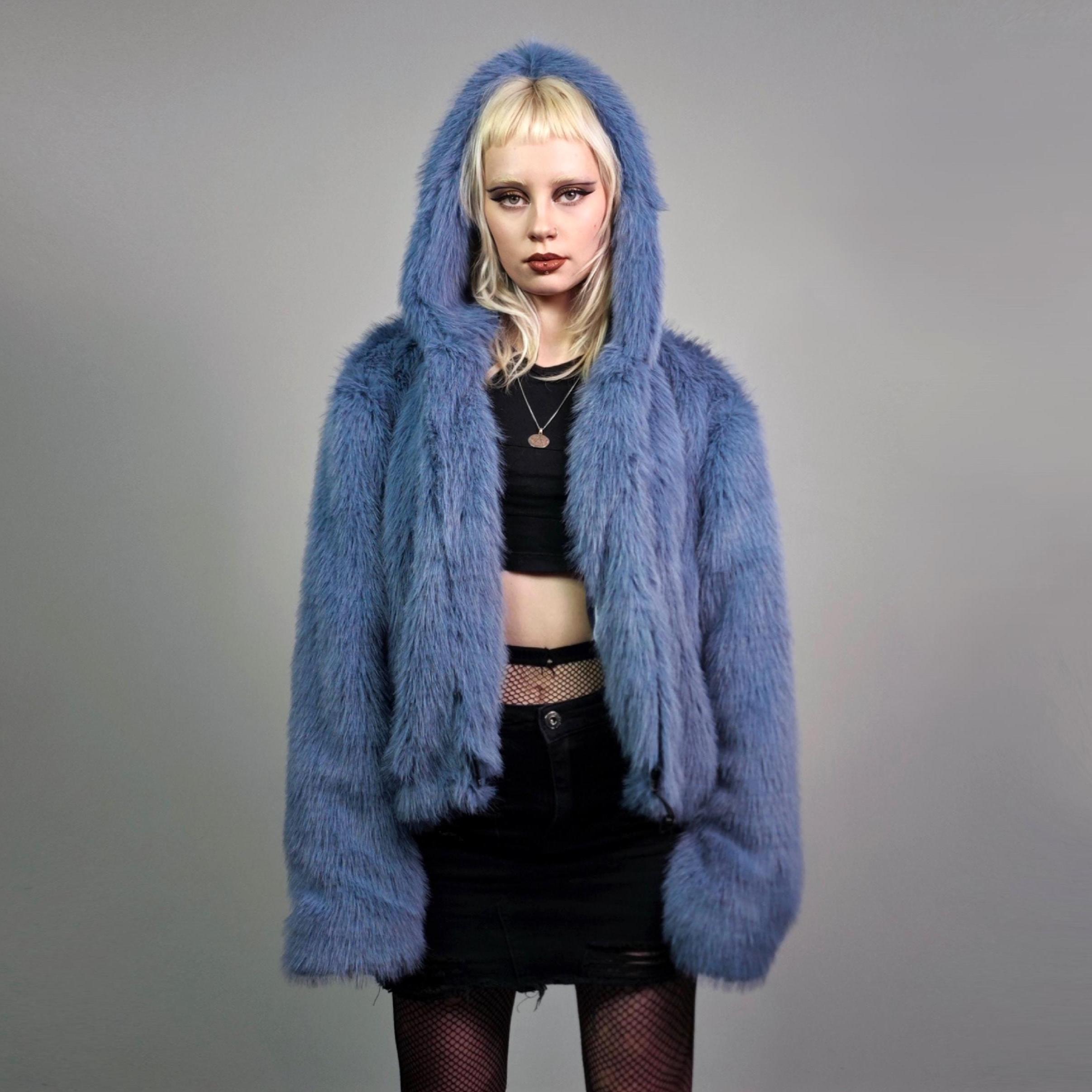 Blue Faux Fur Jacket Shaggy Cropped Bomber Short Going Out Coat