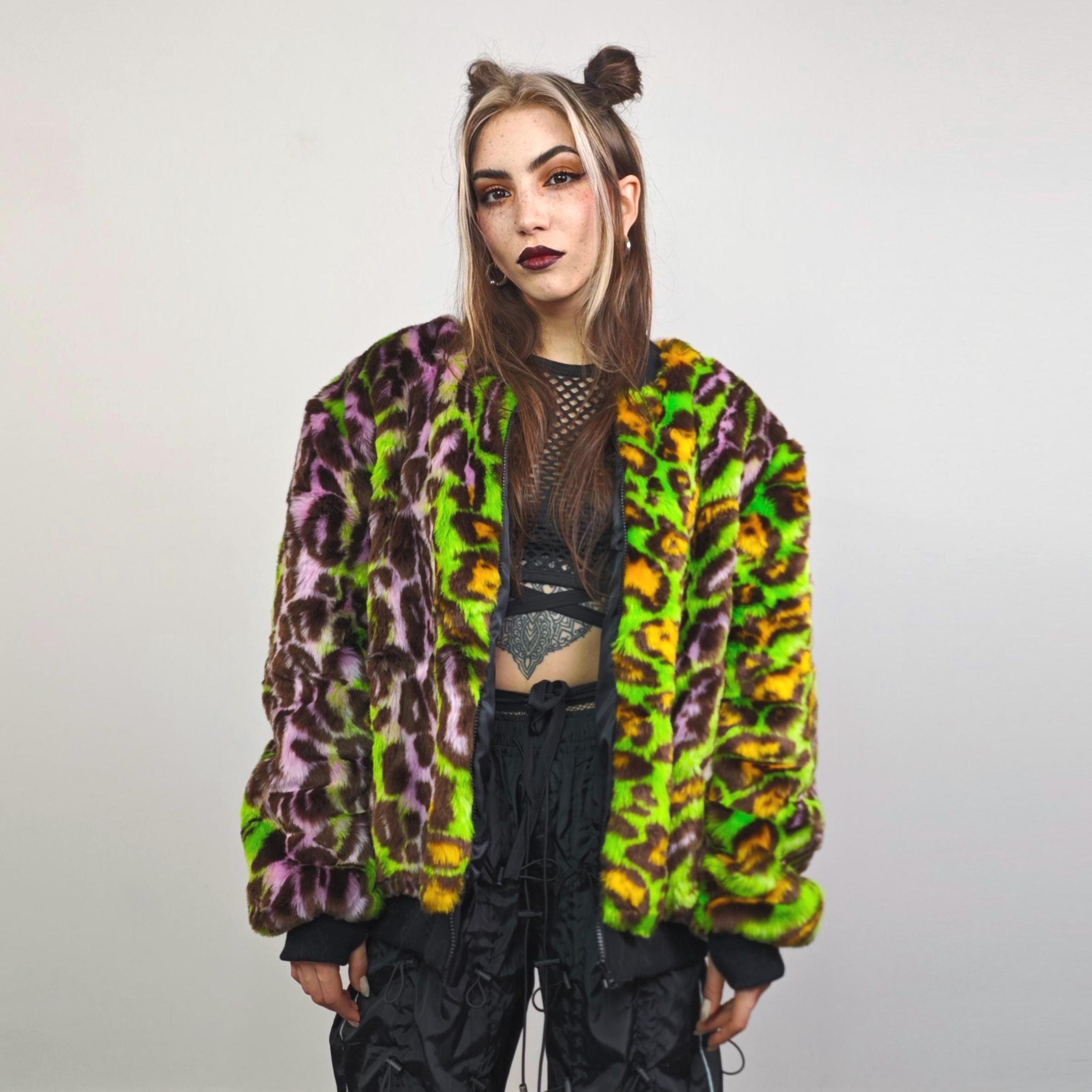 Green Leopard Faux Fur Varsity Neon Animal Print Jacket 90s Style