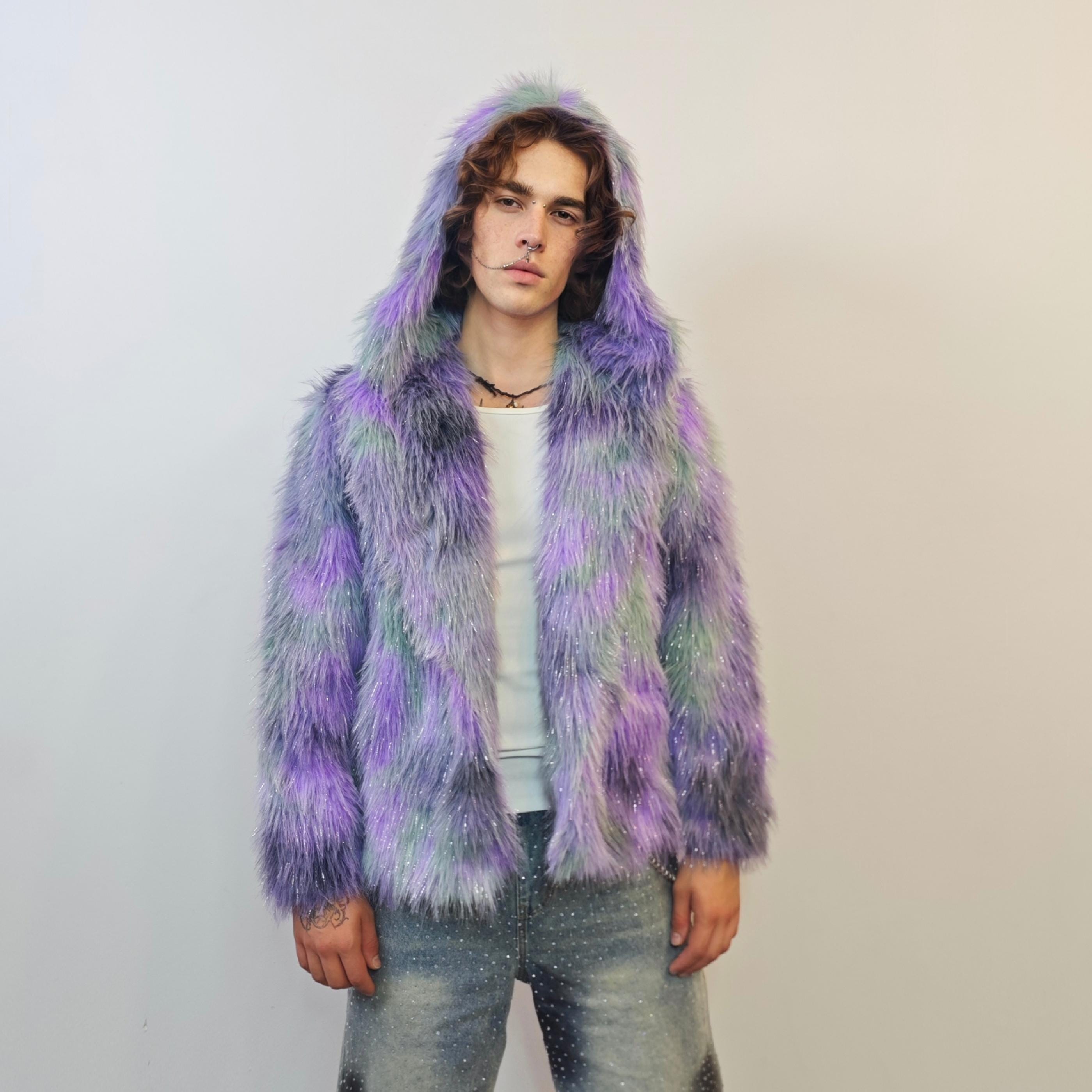 Shaggy Glitter Faux Fur Coat Tie Dye Tinsel Trench Purple Green