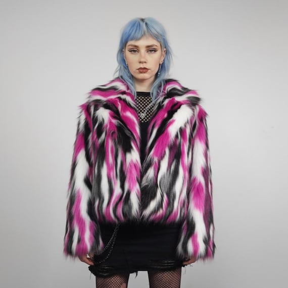 Pink Abstract Faux Fur Cropped Coat, Black White Cyber Y2K Trench
