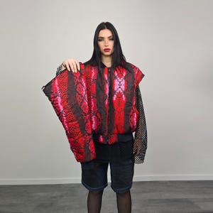 Snake print bomber red python jacket reversible college varsity detachable sleeves handmade grunge rocker coat