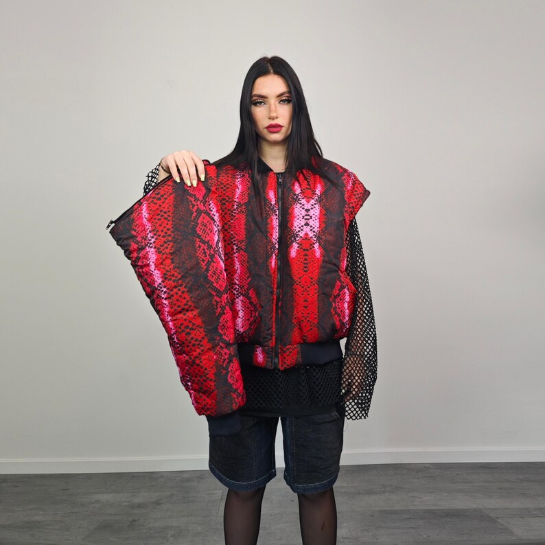 Snake print bomber red python jacket reversible college varsity detachable sleeves handmade grunge rocker coat