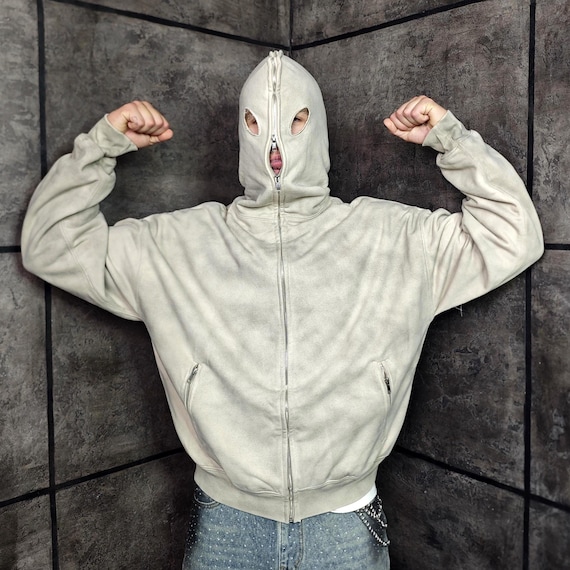 Balaclava Hoodie, Oversize Oil Wash Zip-up Jacket, Distressed