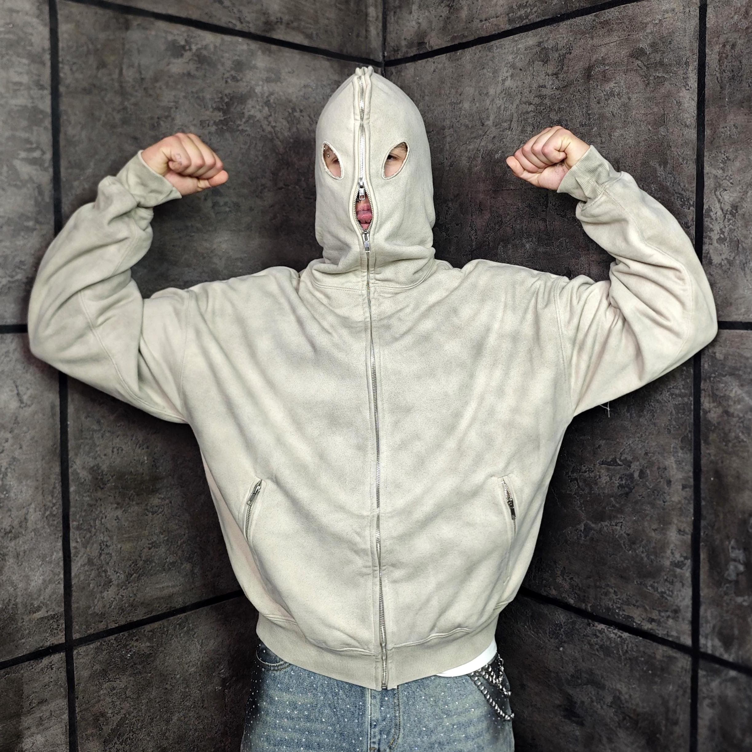 Balaclava Hoodie, Oversize Oil Wash Zip-up Jacket, Distressed