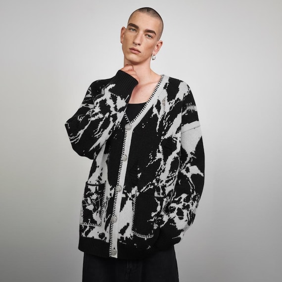 Abstract Pattern Cardigan, Grunge Bleach Dye Sweater, Unisex Alt