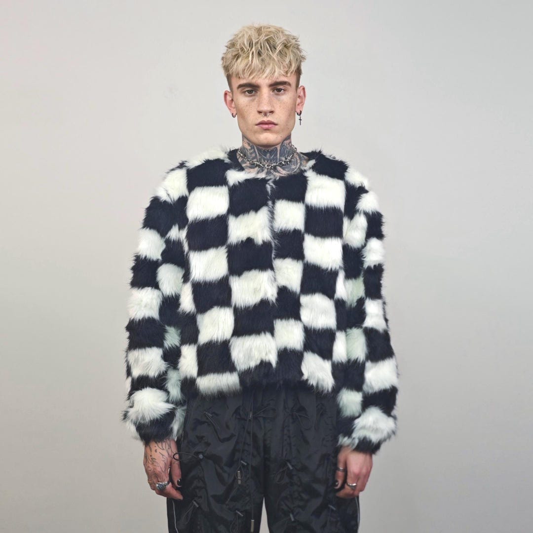 SKA Check Faux Fur Coat Black White Checkered Collarless Jacket
