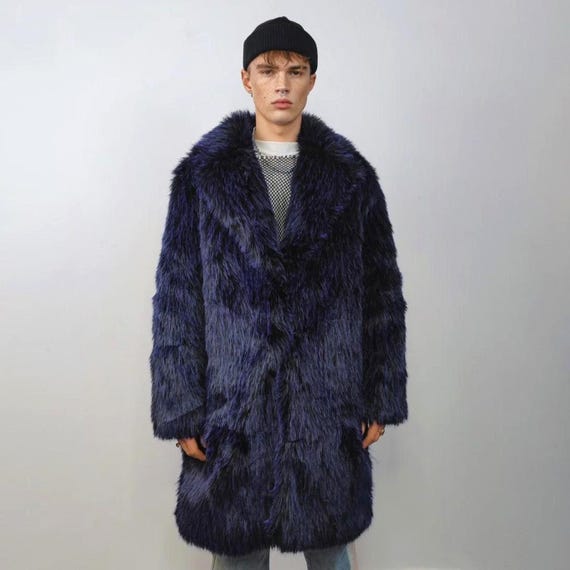 Shaggy Faux Fur Long Coat, Blue Luxury Fuzzy Trench, Luminous