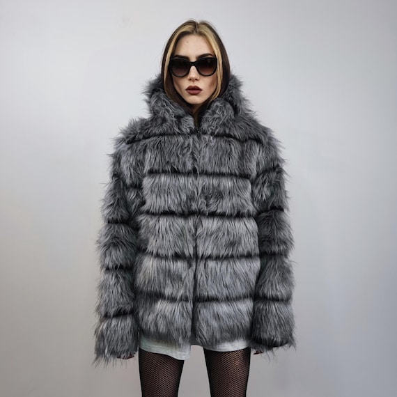 Grey Striped Faux Fur Hooded Jacket, Shaggy Unisex Coat - Etsy