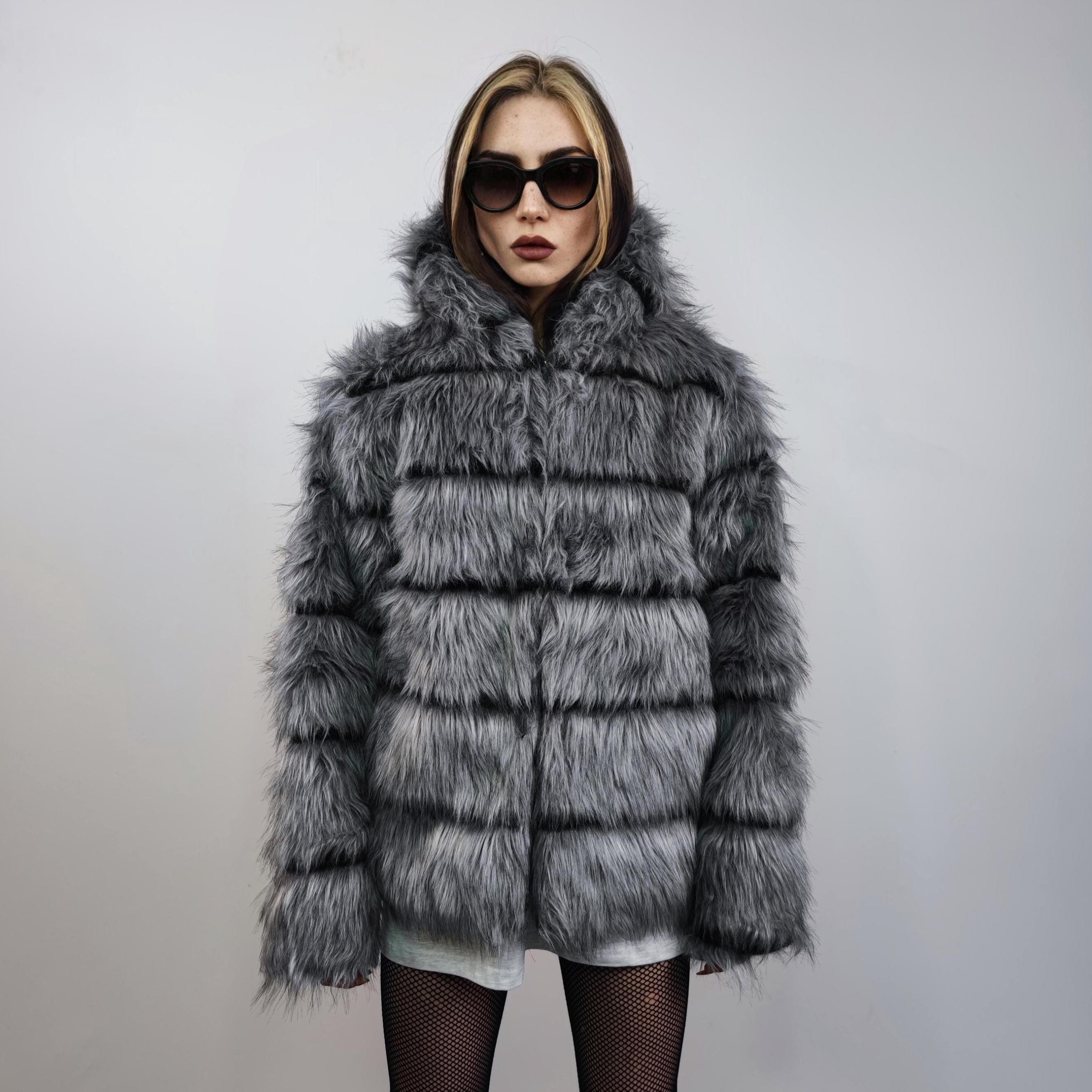 Grey Striped Faux Fur Hooded Jacket, Shaggy Unisex Coat - Etsy