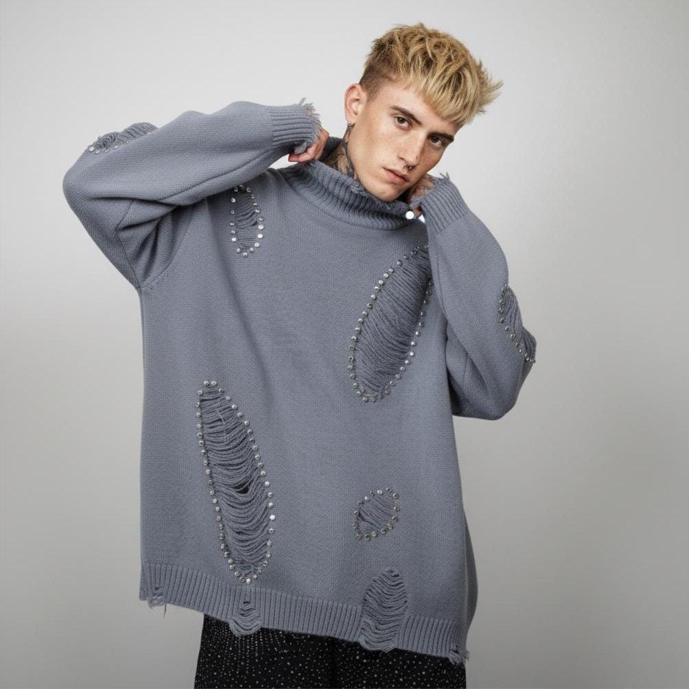 Oversize Studded Ripped Turtleneck Sweater, Unisex Shredded Knit