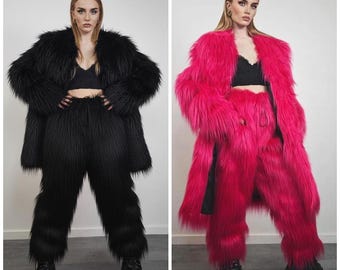 Shaggy Faux Fur Coat Purple Neon Fluffy Collarless Lilac Jacket