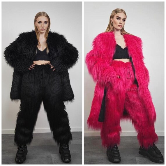 Shaggy Faux Fur Coat Purple Neon Fluffy Collarless Lilac Jacket