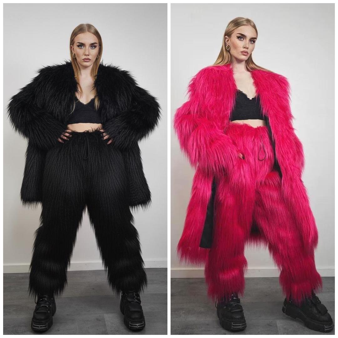 Shaggy Faux Fur Coat Purple Neon Fluffy Collarless Lilac Jacket