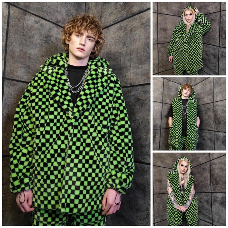 May include: A green and black checkered faux fur coat with a hood. The coat is worn by a person with curly hair, and is paired with matching trousers. Additional images show the coat worn by other people.